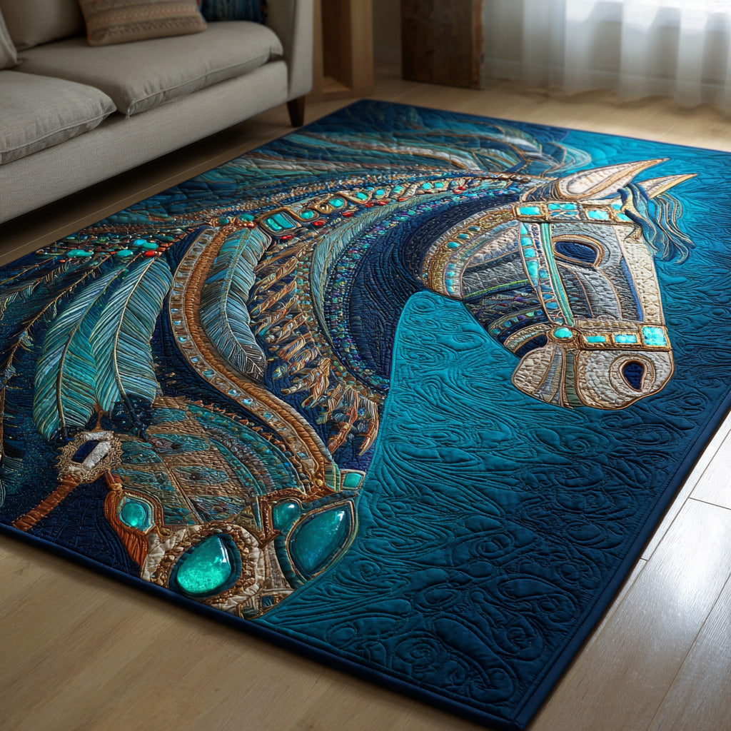 Turquoise Bridle area rug in a living room