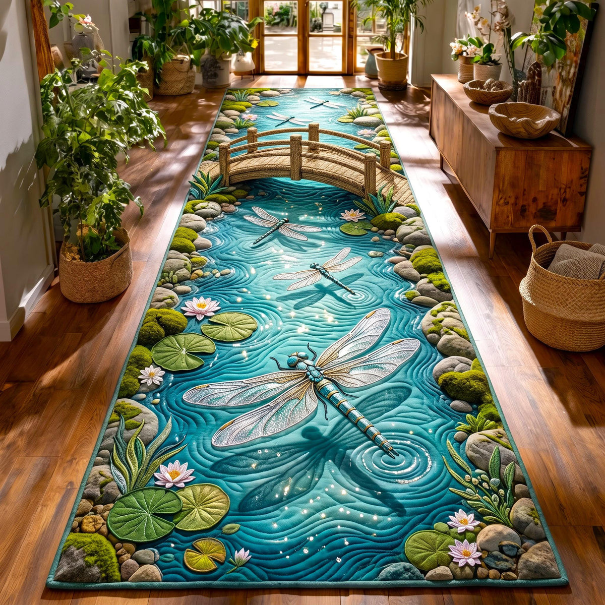 Turquoise Dragonfly Runner Rug - Cute Animal Design | Charming Runner Rug - washable non-slip printed rug