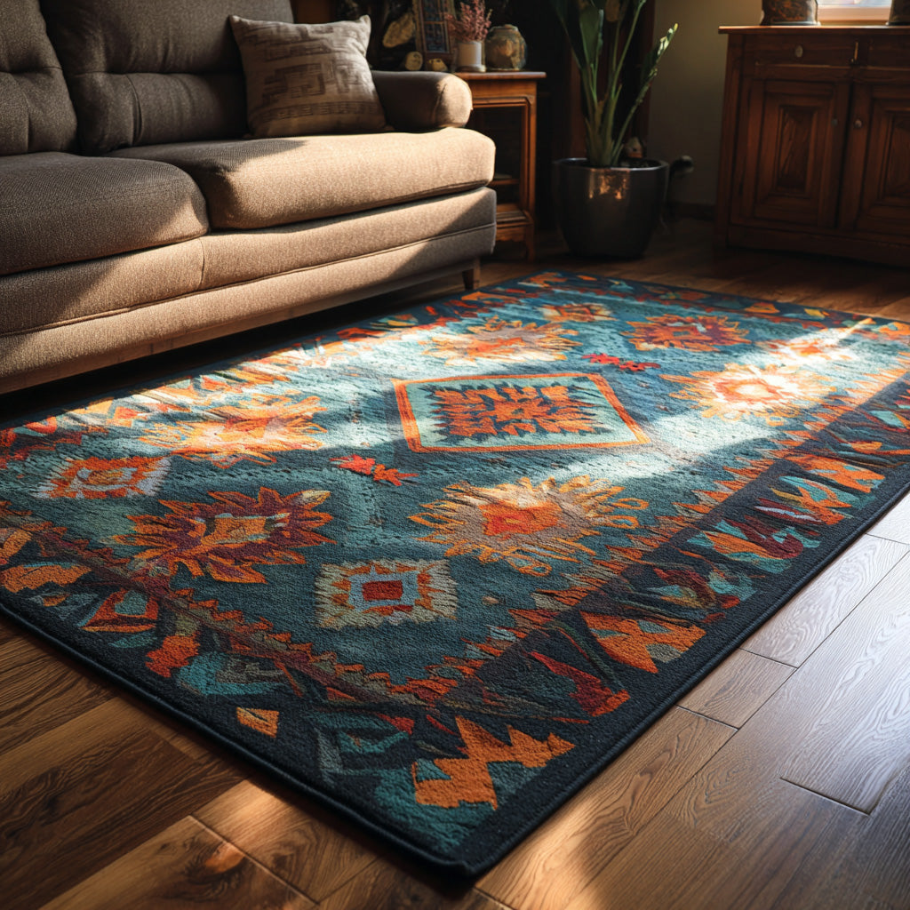 Turquoise Mesa area rug in a living room