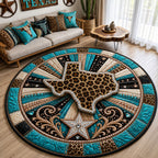 Turquoise Texas Leopard Round Mat Rug - Nature Design | Serene Home Decor - washable non-slip printed rug