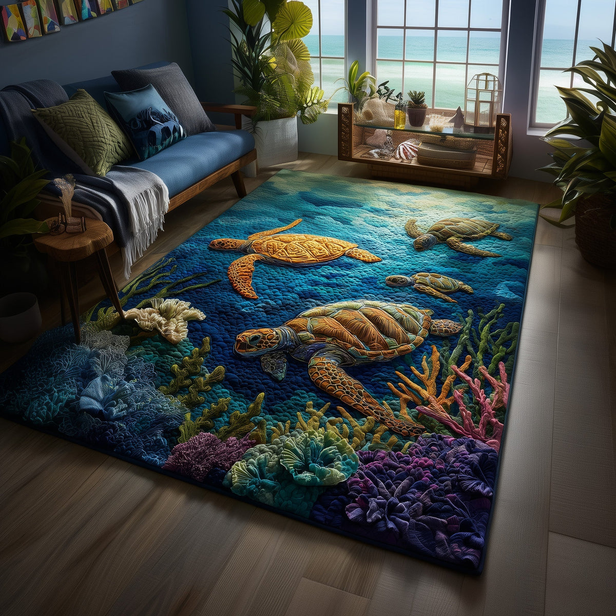 Turtle area rug in a living room