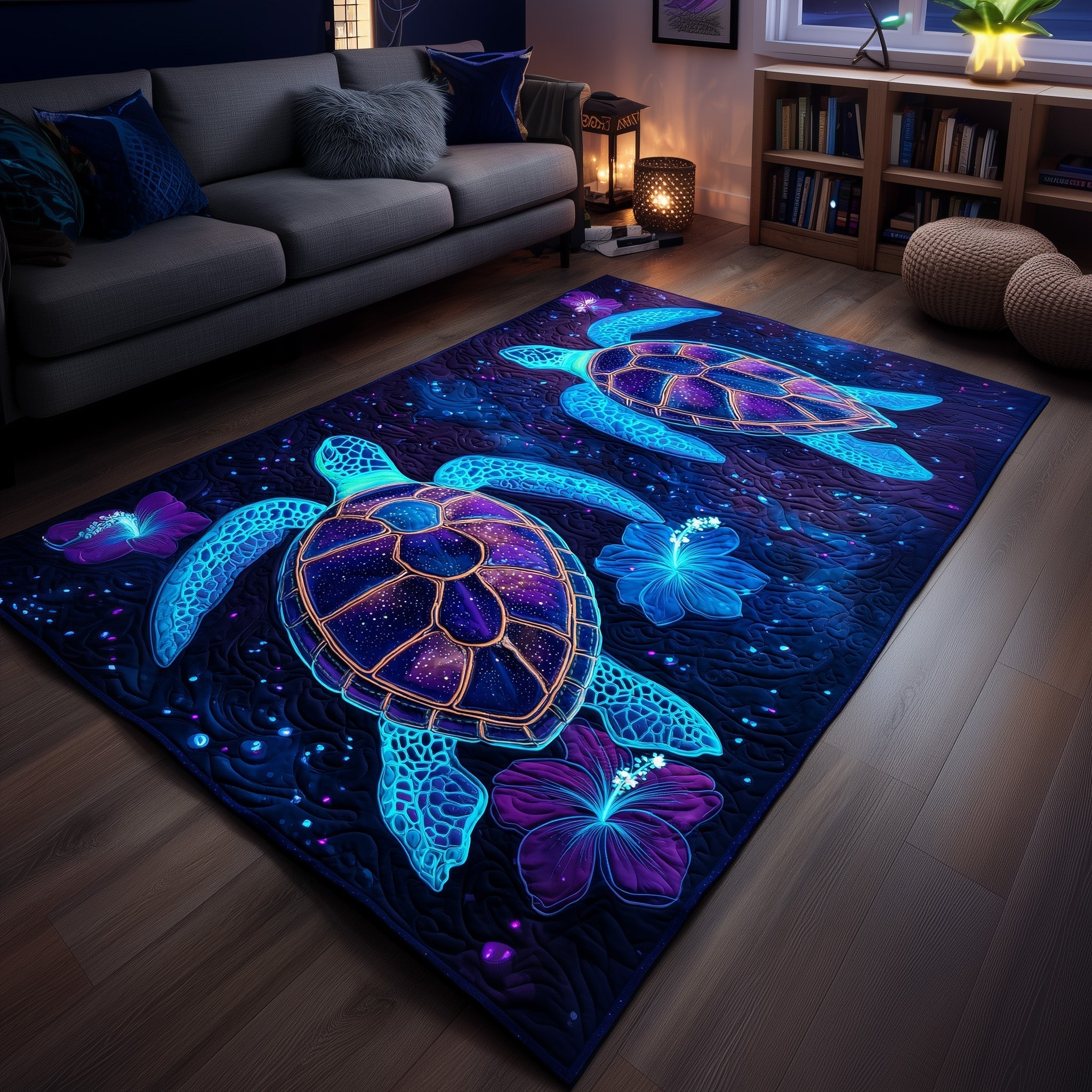 Turtle area rug in a living room