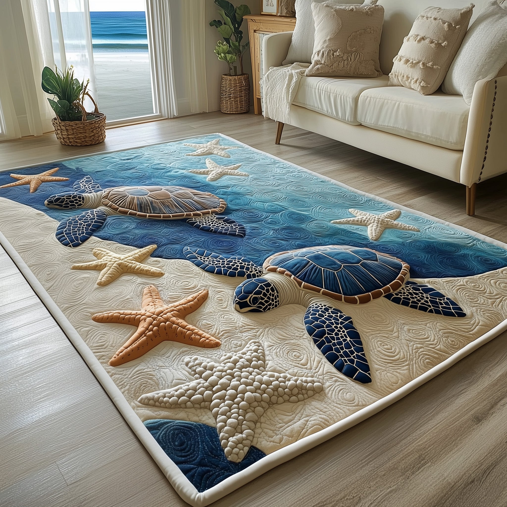 Turtle area rug in a living room