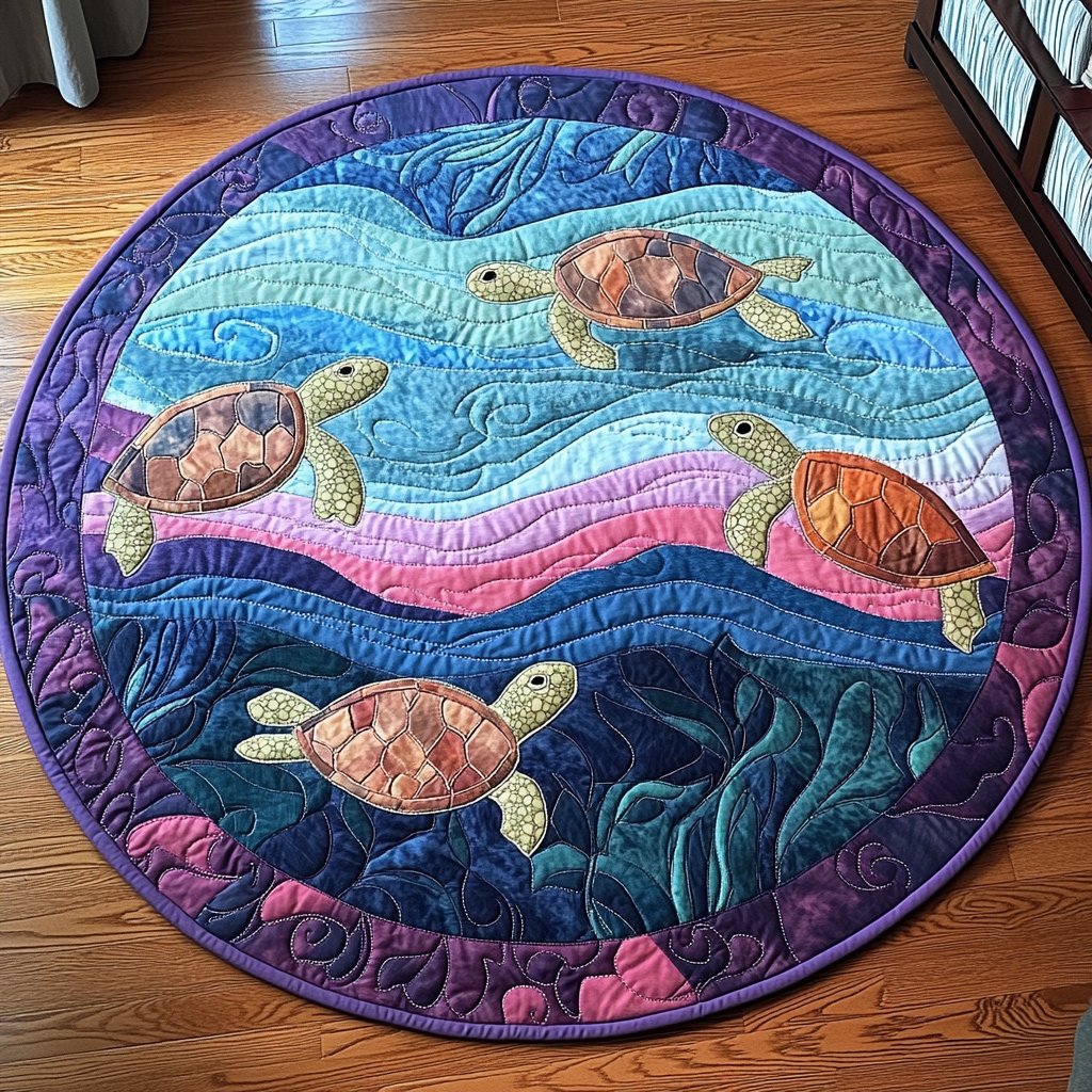Turtle Bliss Round Mat Rug - washable non-slip printed rug
