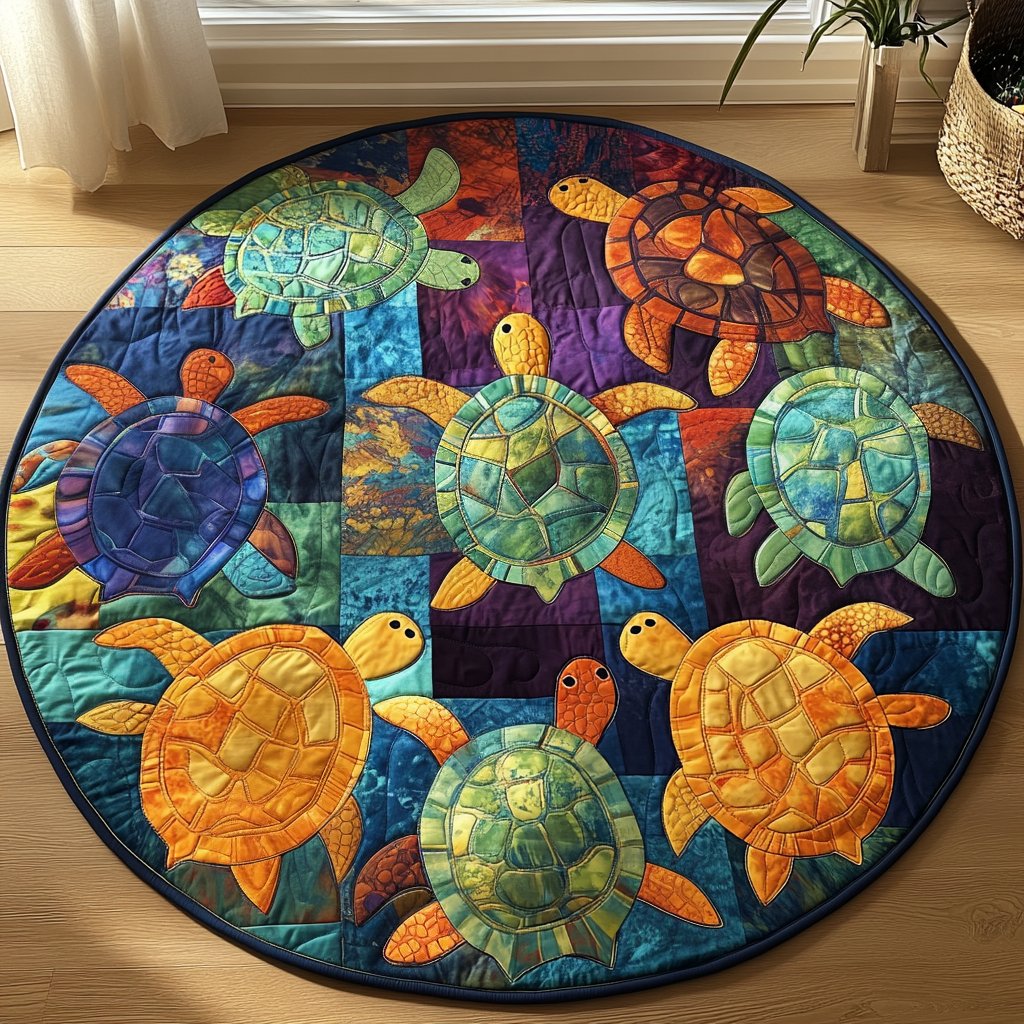 Turtle Delight Round Mat Rug - washable non-slip printed rug