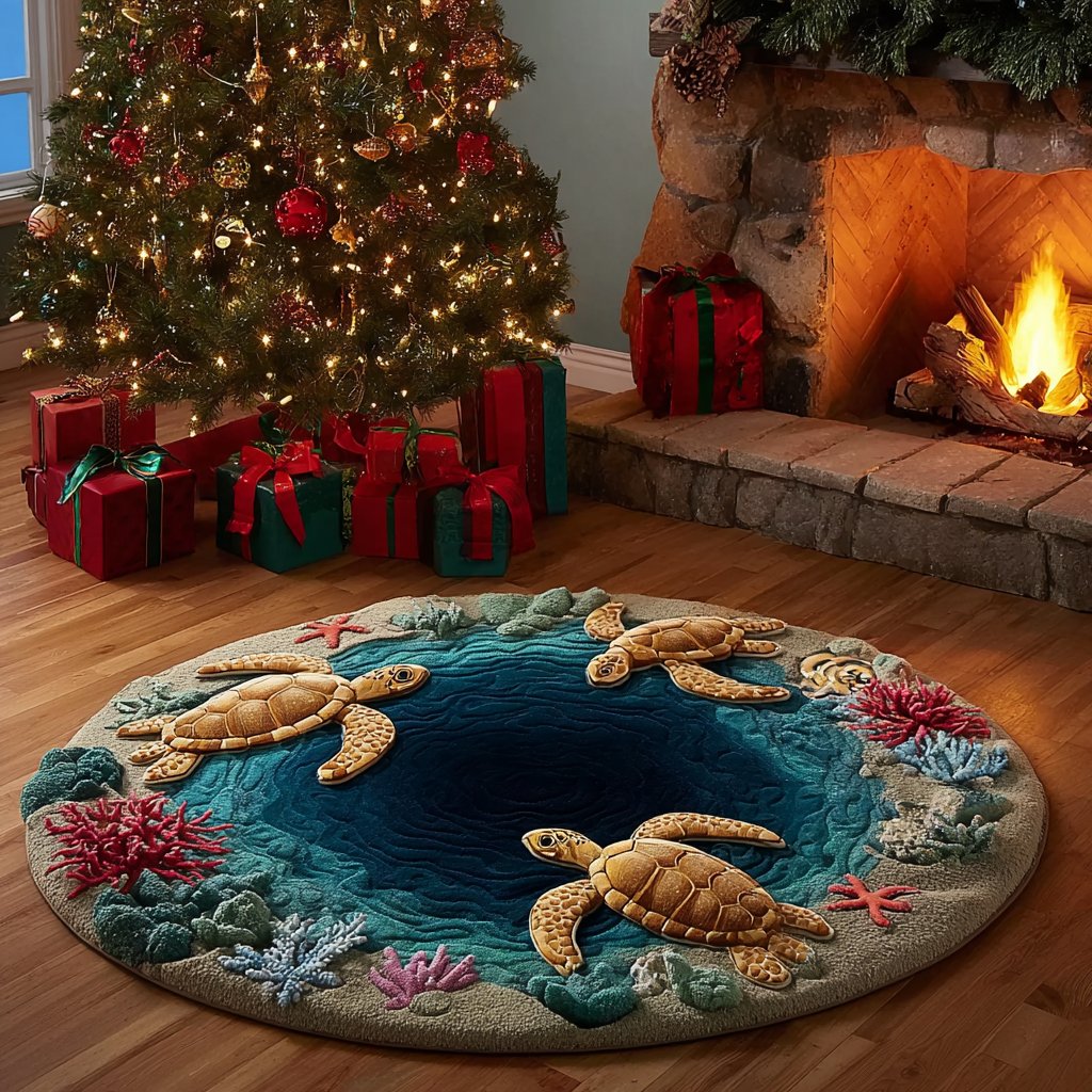 Turtle Dreams Round Mat Rug - washable non-slip printed rug