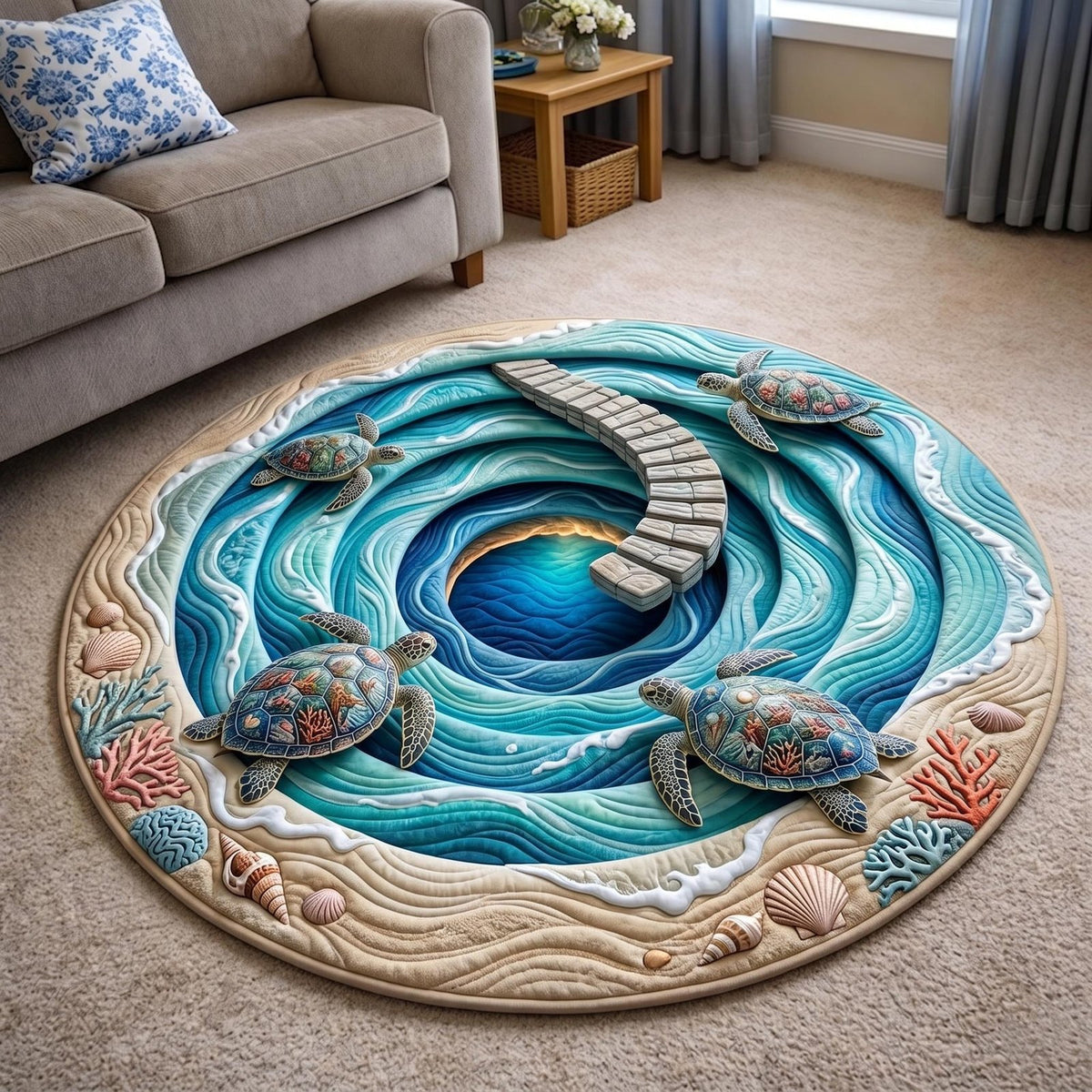 Turtle Drift Round Mat Rug - washable non-slip printed rug