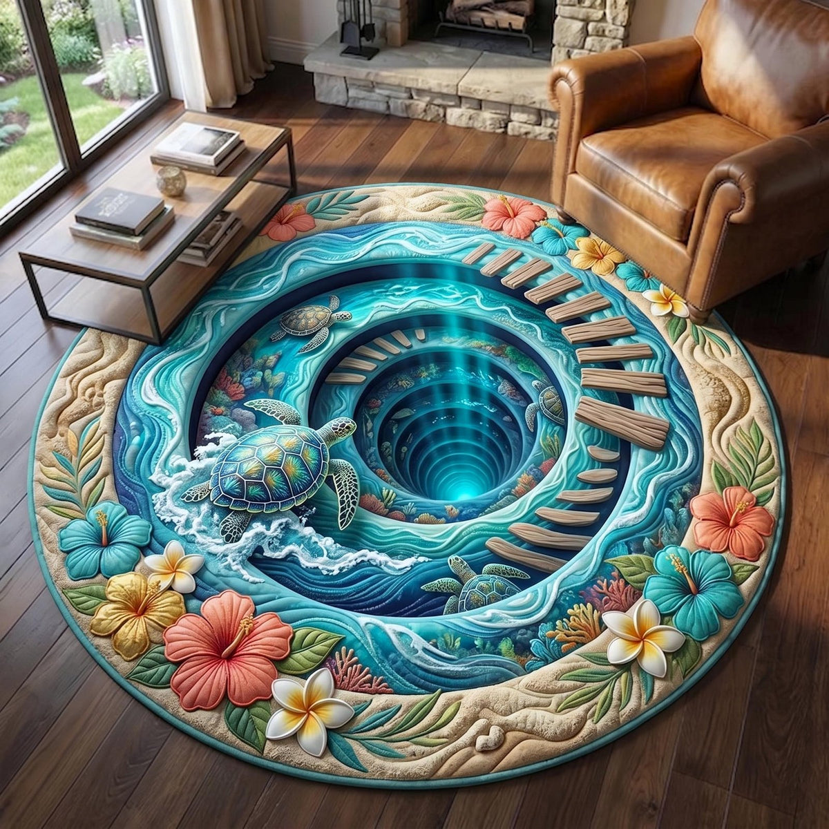 Turtle Drift Round Mat Rug - washable non-slip printed rug