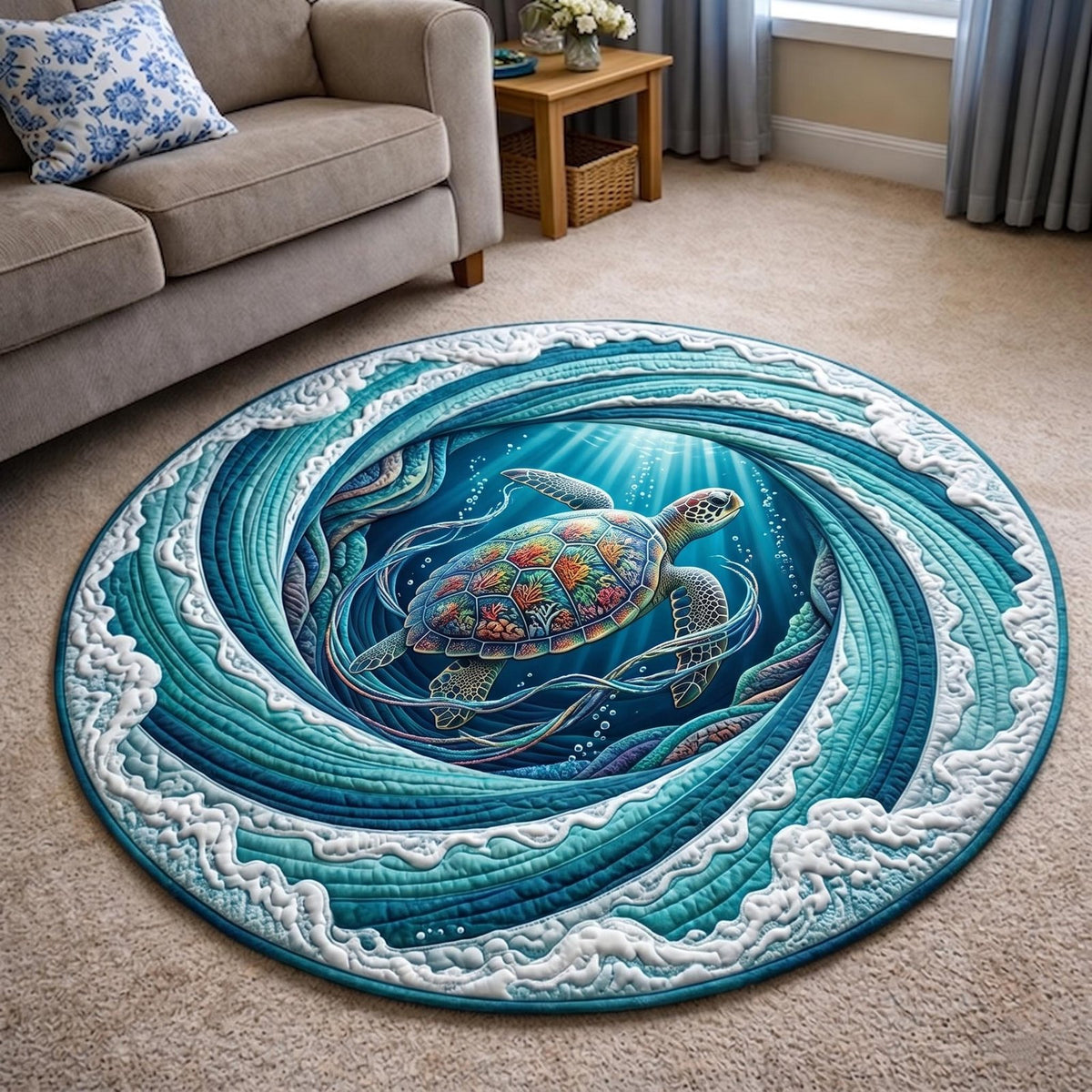 Turtle Drift Round Mat Rug - washable non-slip printed rug