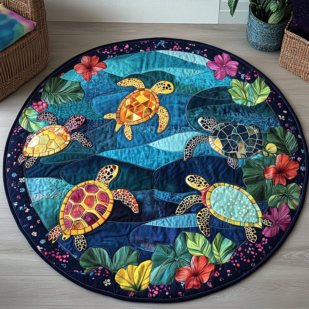 Turtle Glow Round Mat Rug - washable non-slip printed rug