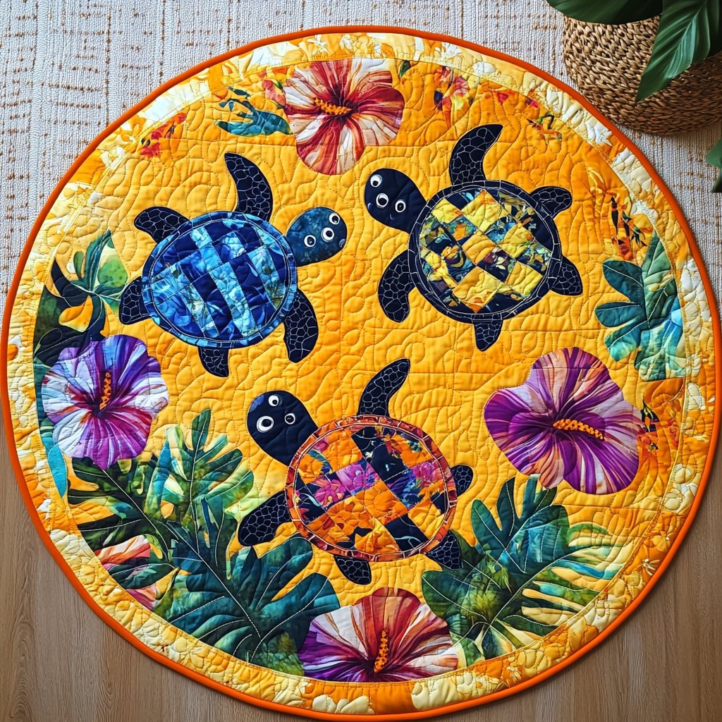 Turtle Harmony Round Mat Rug - washable non-slip printed rug