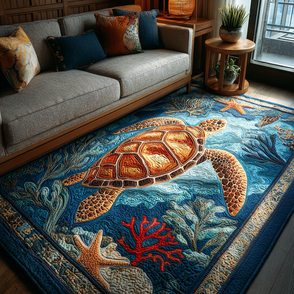 Turtle Haven area rug in a living room