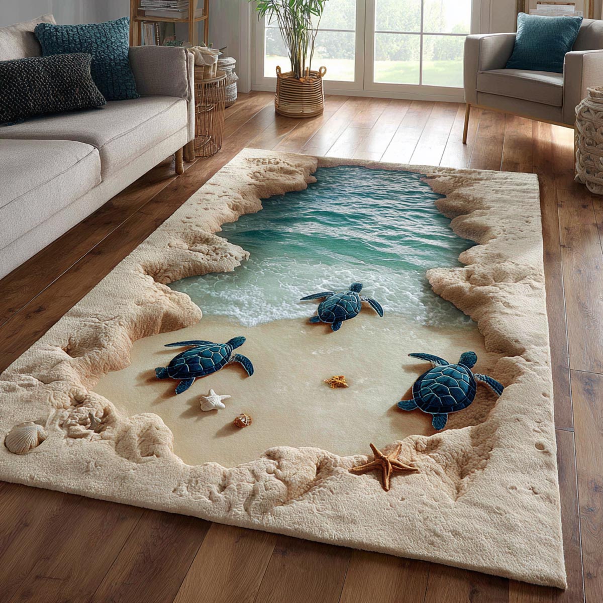 Turtle Haven area rug in a living room