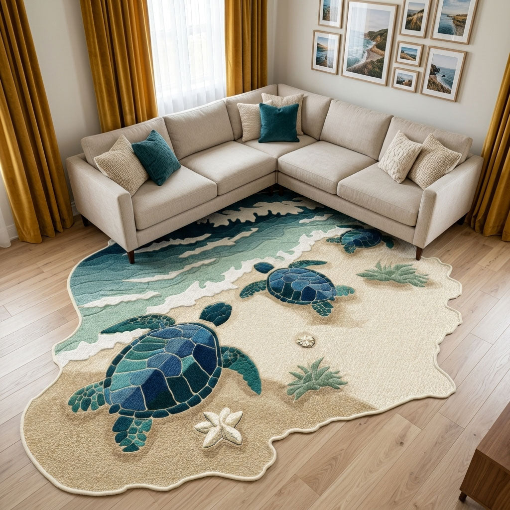 Turtle Haven Custom Shape Area Rug - Cute Animal Design | Die-Cut Non-Slip Rug - washable non-slip printed rug
