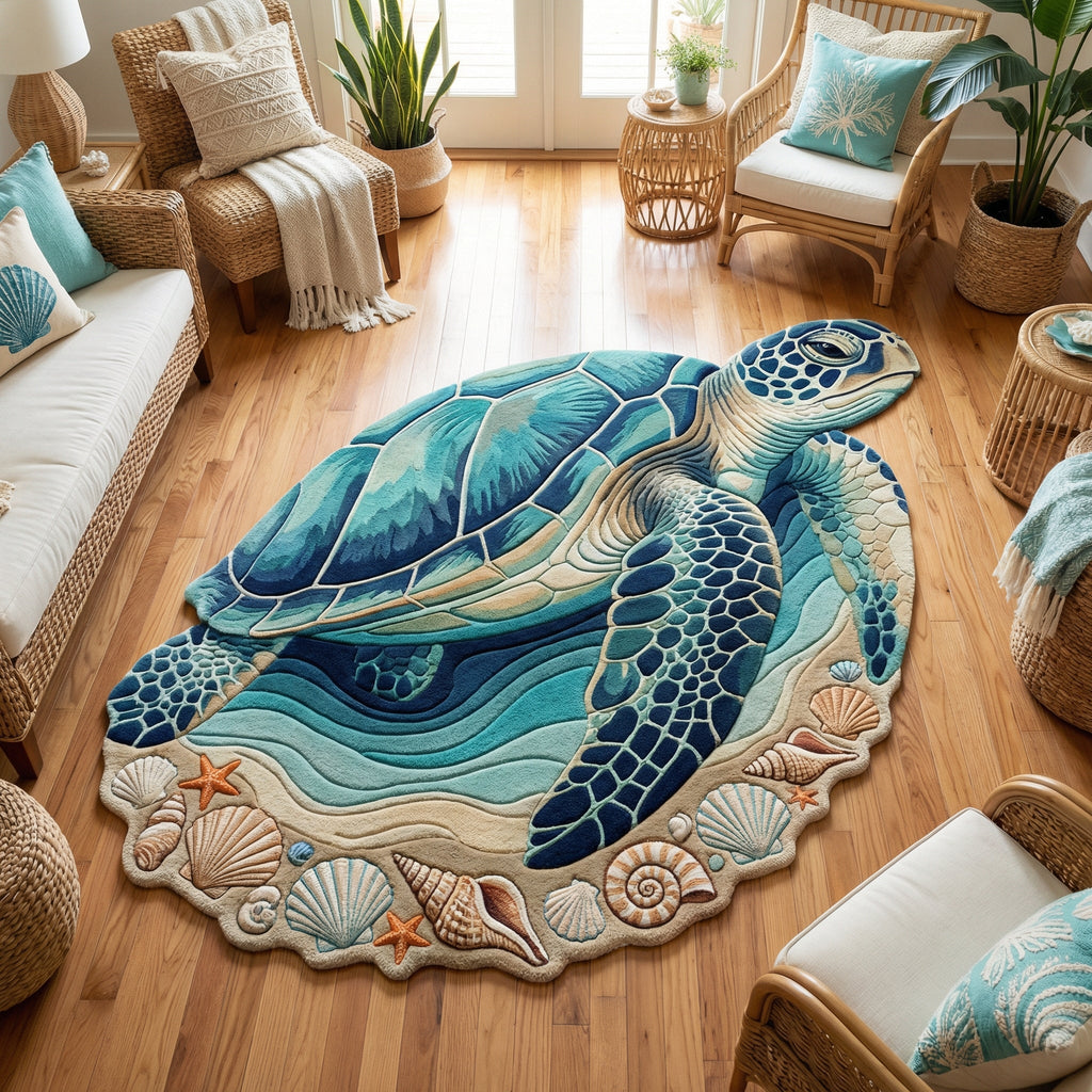 Turtle Haven Custom Shape Area Rug - Cute Animal Design | Die-Cut Non-Slip Rug - washable non-slip printed rug