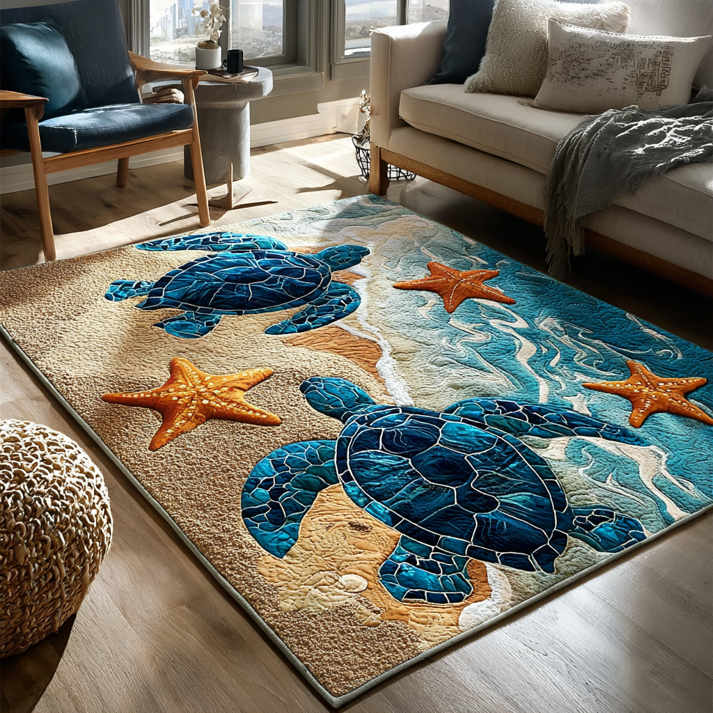 Turtle Journey area rug in a living room