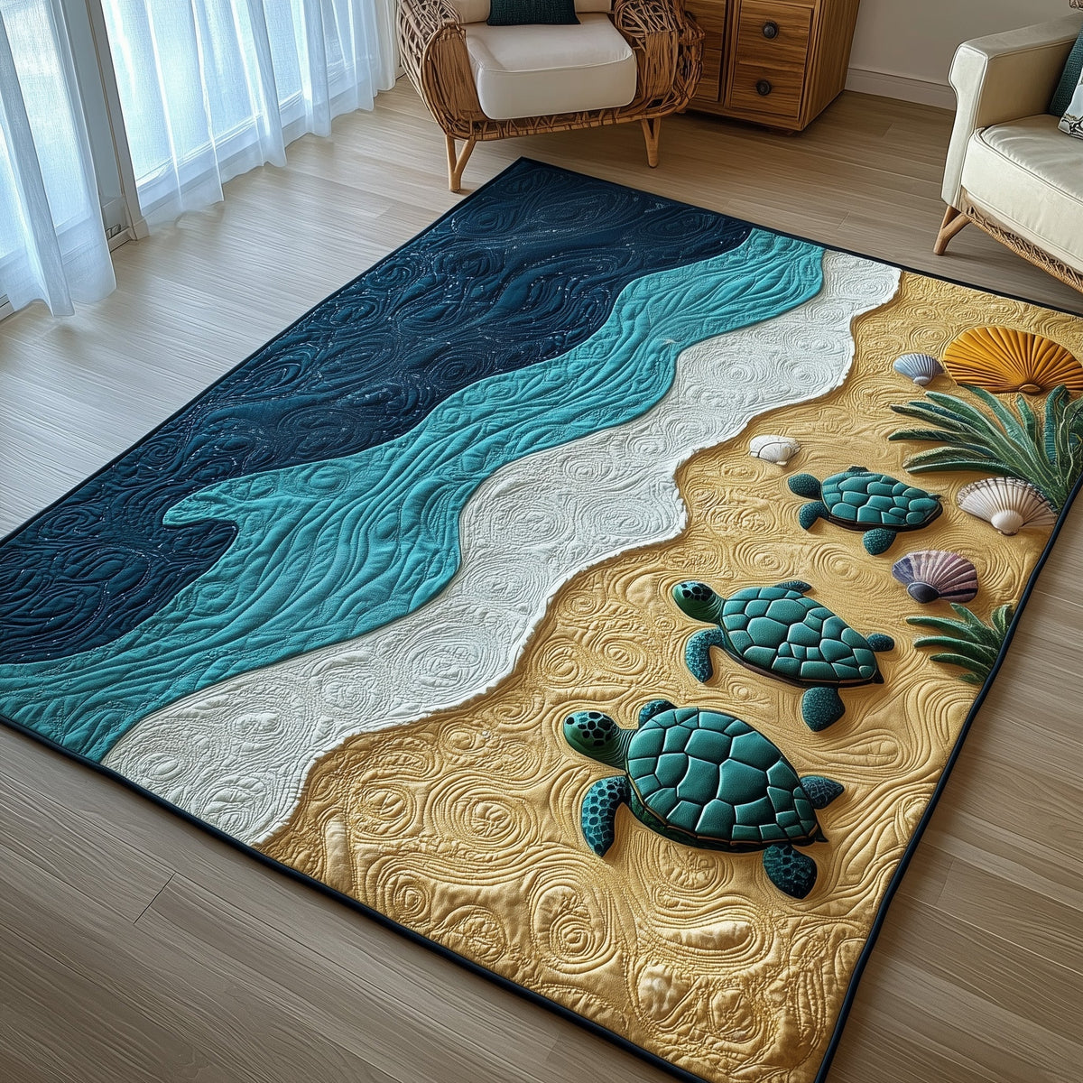 Turtle Marine area rug in a living room