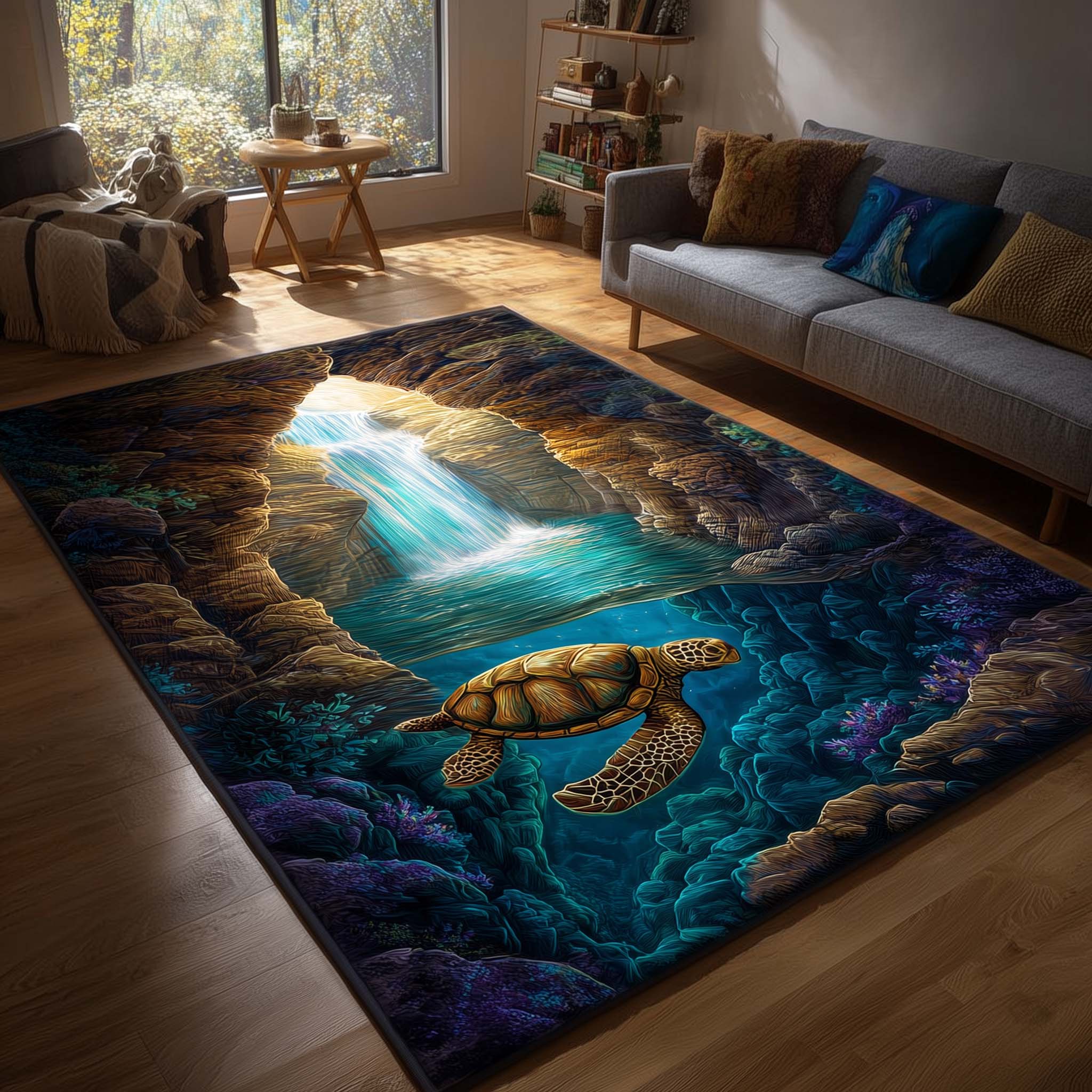 Turtle Oasis area rug in a living room