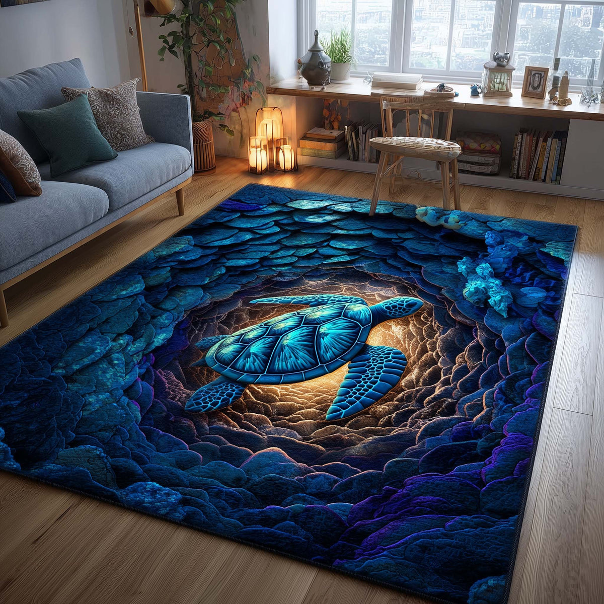 Turtle Oasis area rug in a living room