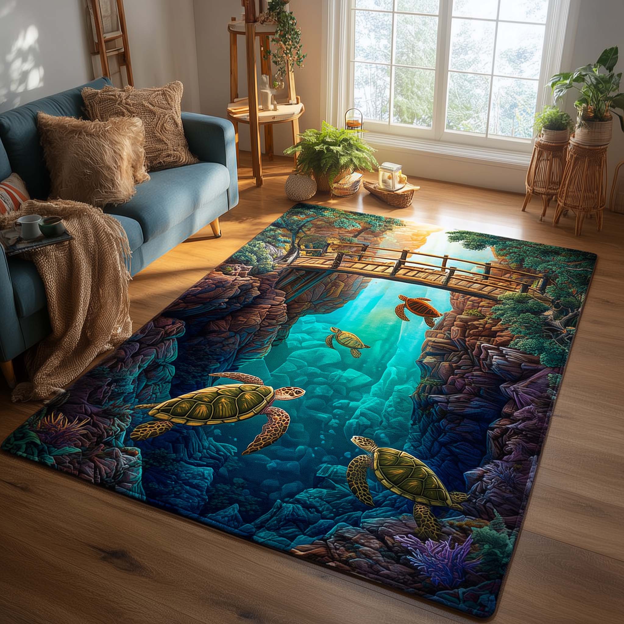 Turtle Oasis area rug in a living room