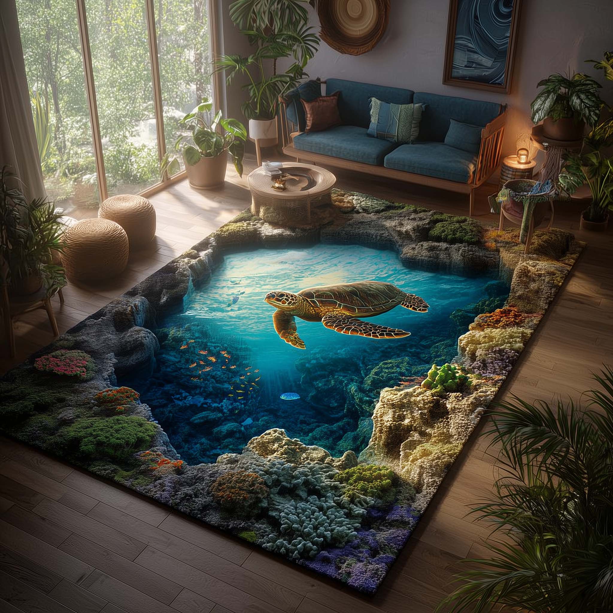 Turtle Oasis area rug in a living room