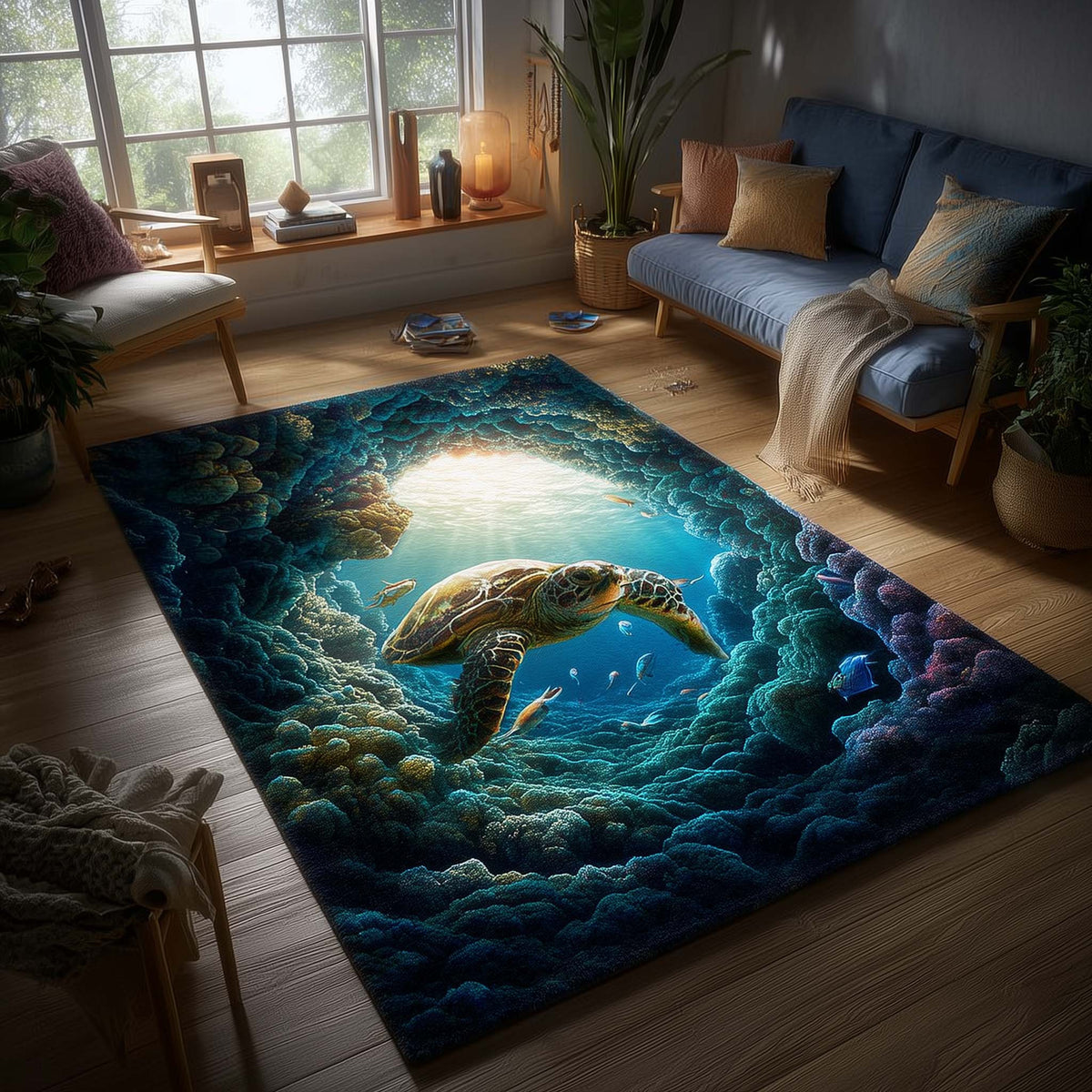 Turtle Oasis area rug in a living room