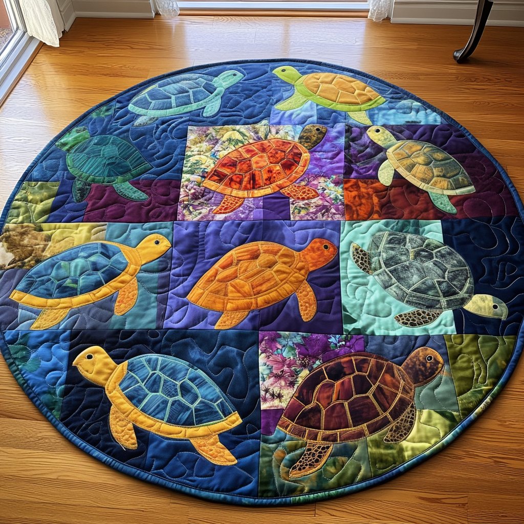 Turtle Reflections Round Mat Rug - washable non-slip printed rug