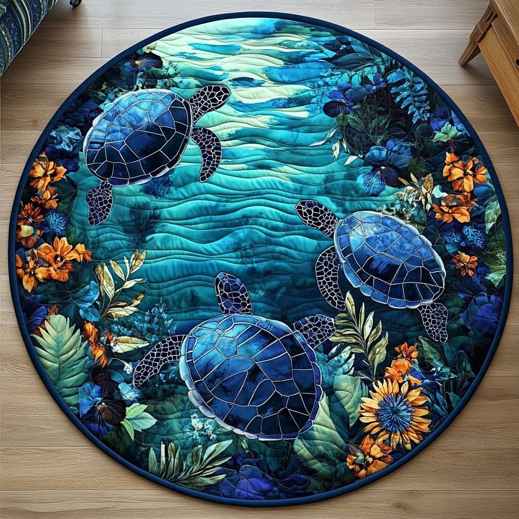 Turtle Retreat Round Mat Rug - washable non-slip printed rug