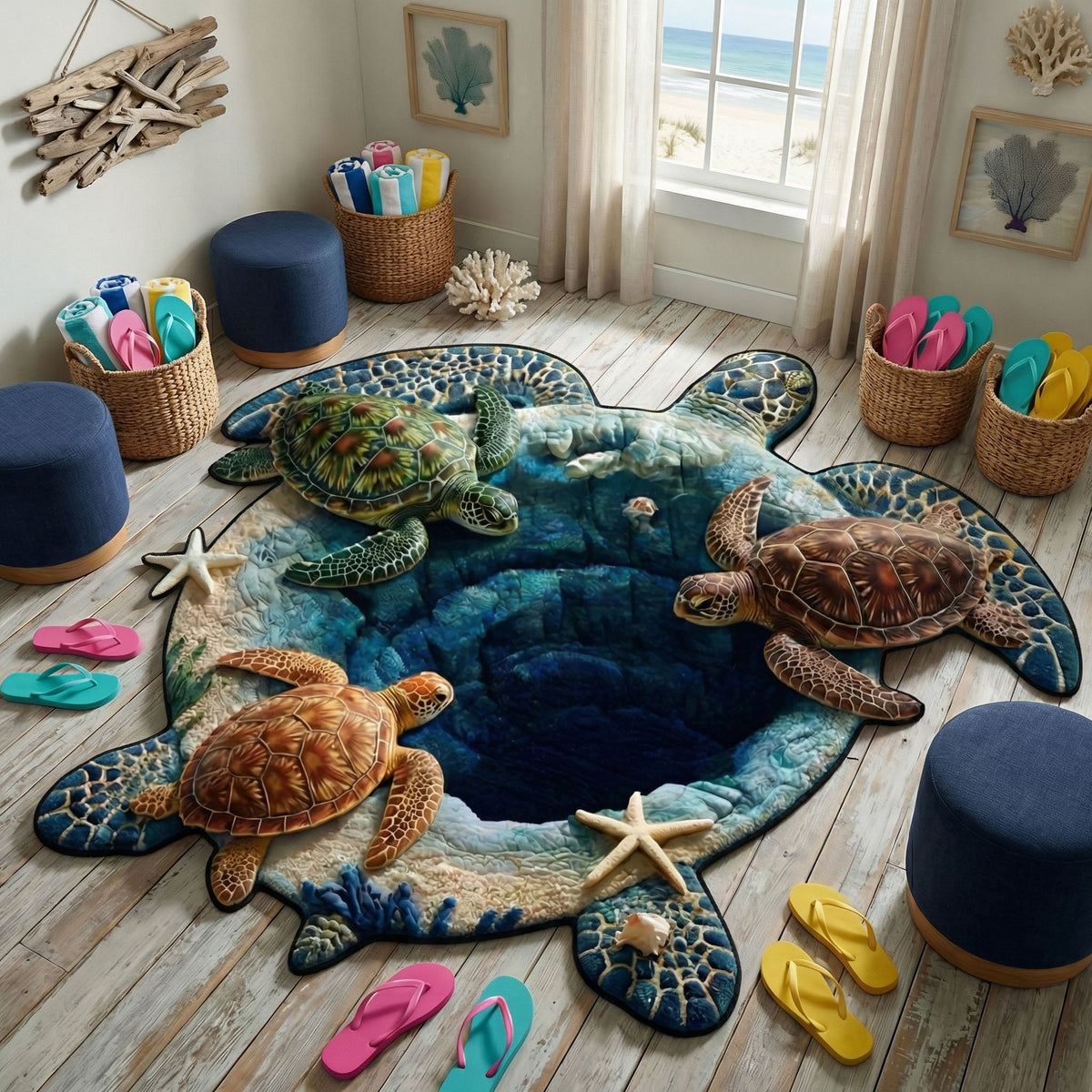Turtle Serenity Custom Shape Area Rug - Cute Animal Design | Die-Cut Non-Slip Rug - washable non-slip printed rug