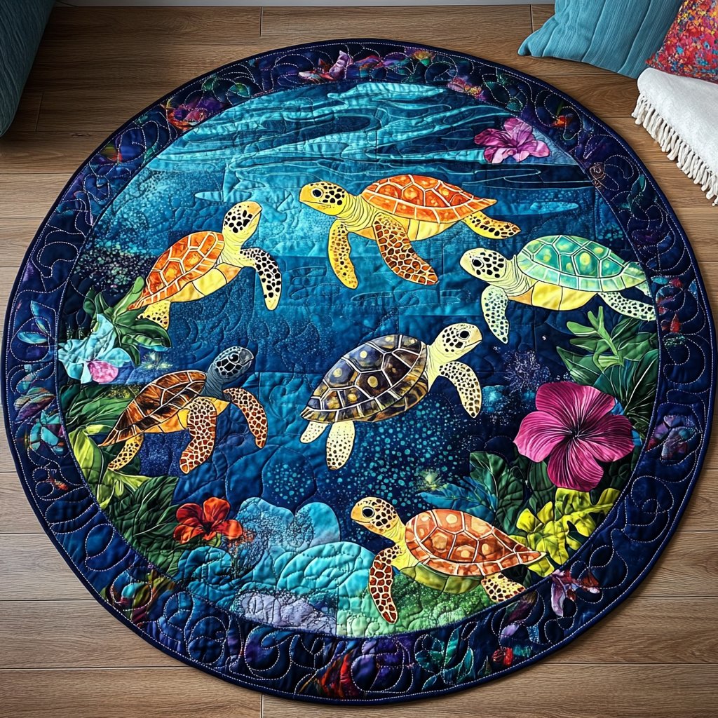 Turtle Tales Round Mat Rug - washable non-slip printed rug