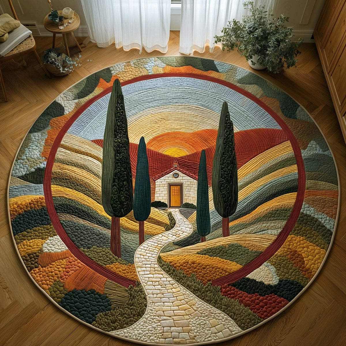 Tuscan Path Round Mat Rug - washable non-slip printed rug