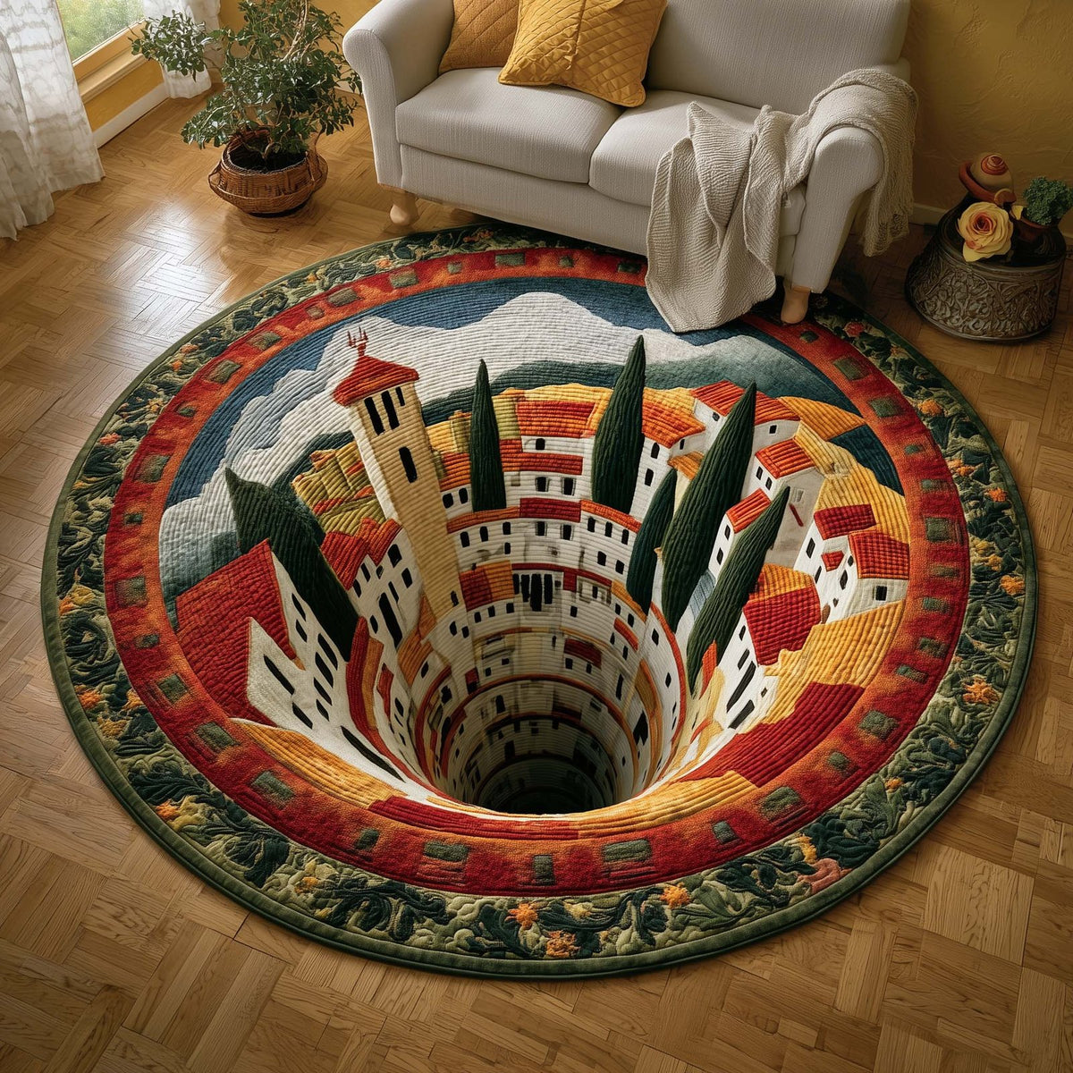Tuscan Vortex Round Mat Rug - washable non-slip printed rug