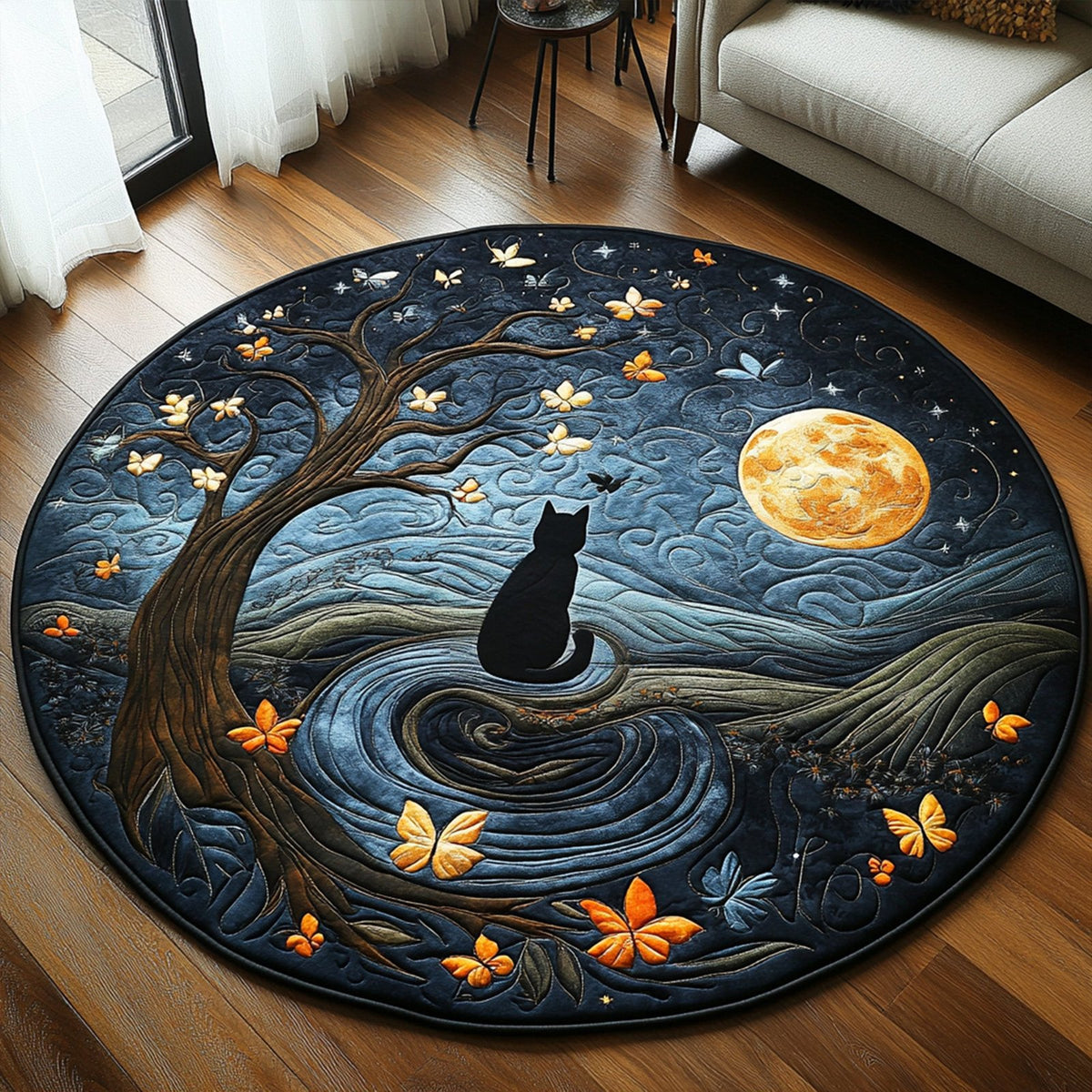 Twilight Purr Round Mat Rug - washable non-slip printed rug