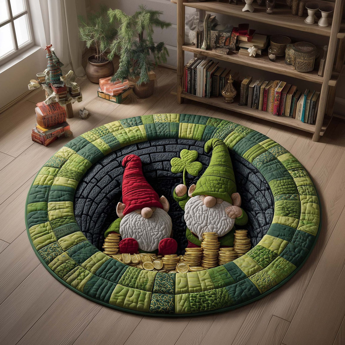 Twin Gnomes Round Mat Rug - washable non-slip printed rug