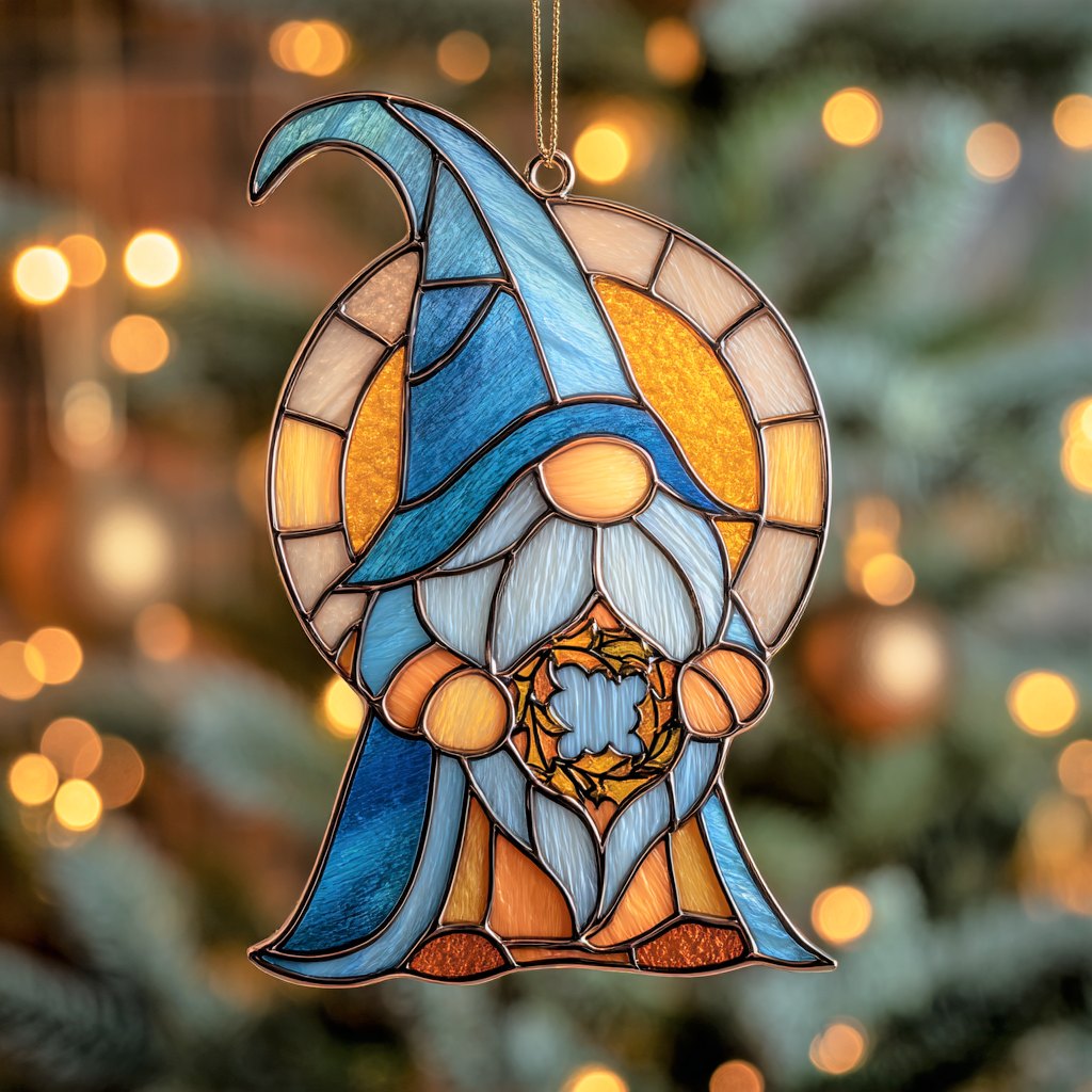 Stained Glass Blue Gnome Christmas Ornament