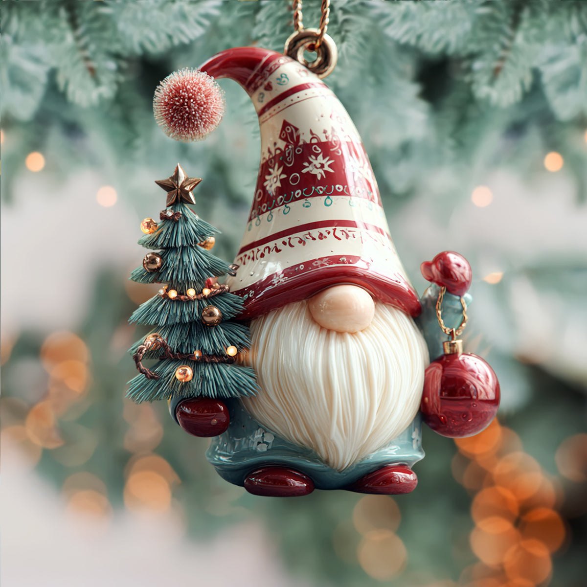 Striped Hat Tree Gnome Christmas Ornament