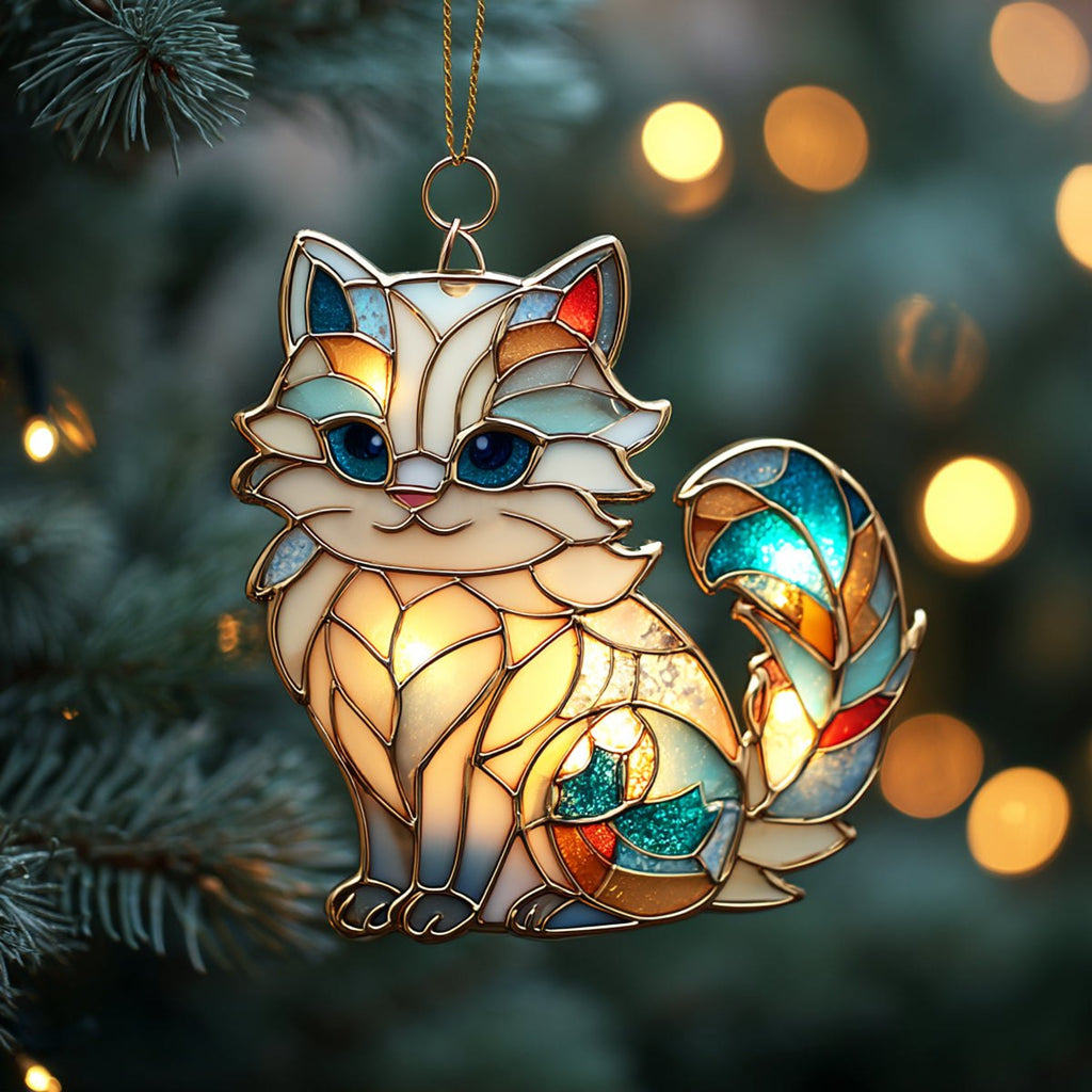 Stained Glass White Cat Christmas Ornament