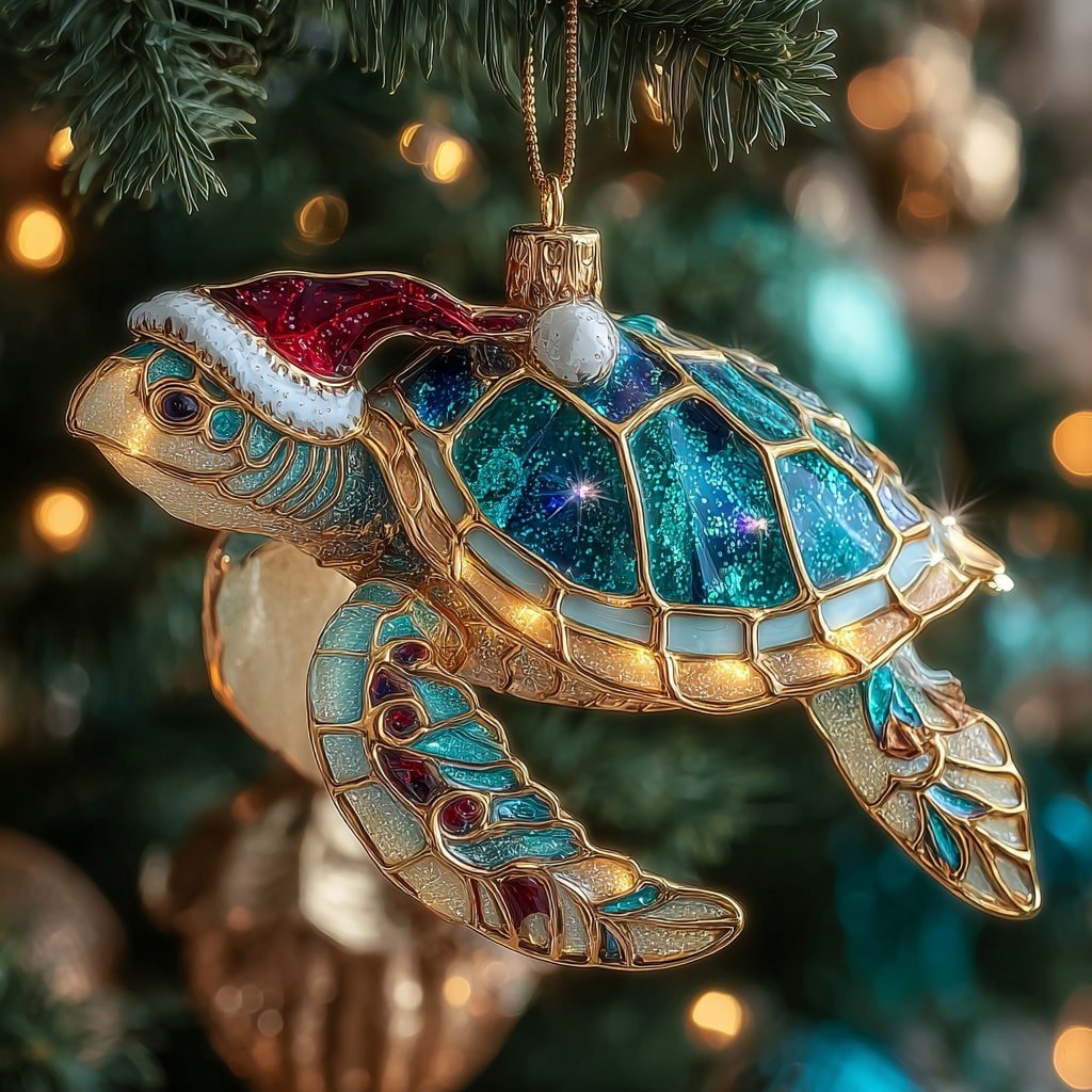Santa Hat Jeweled Turtle Christmas Ornament