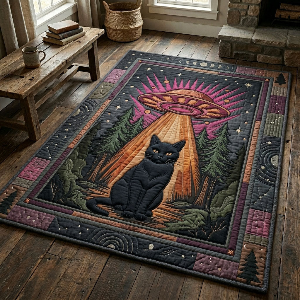 UFO Cat Abduction area rug in a living room