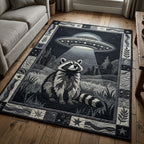 UFO Raccoon area rug in a living room
