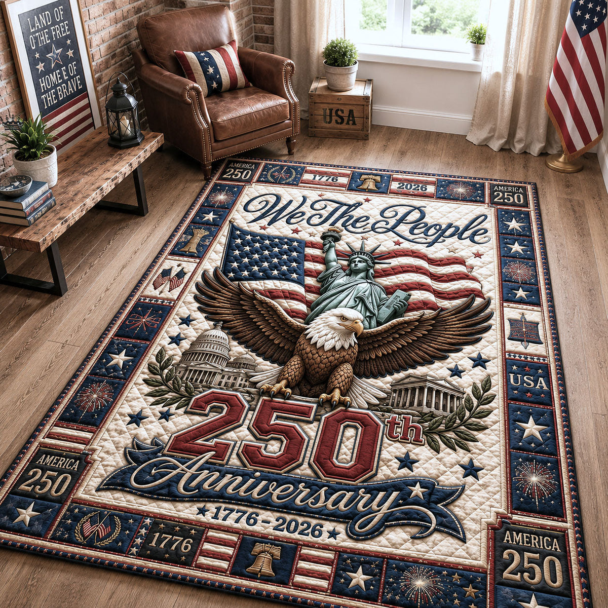 USA 250 Years Anniversary area rug in a living room