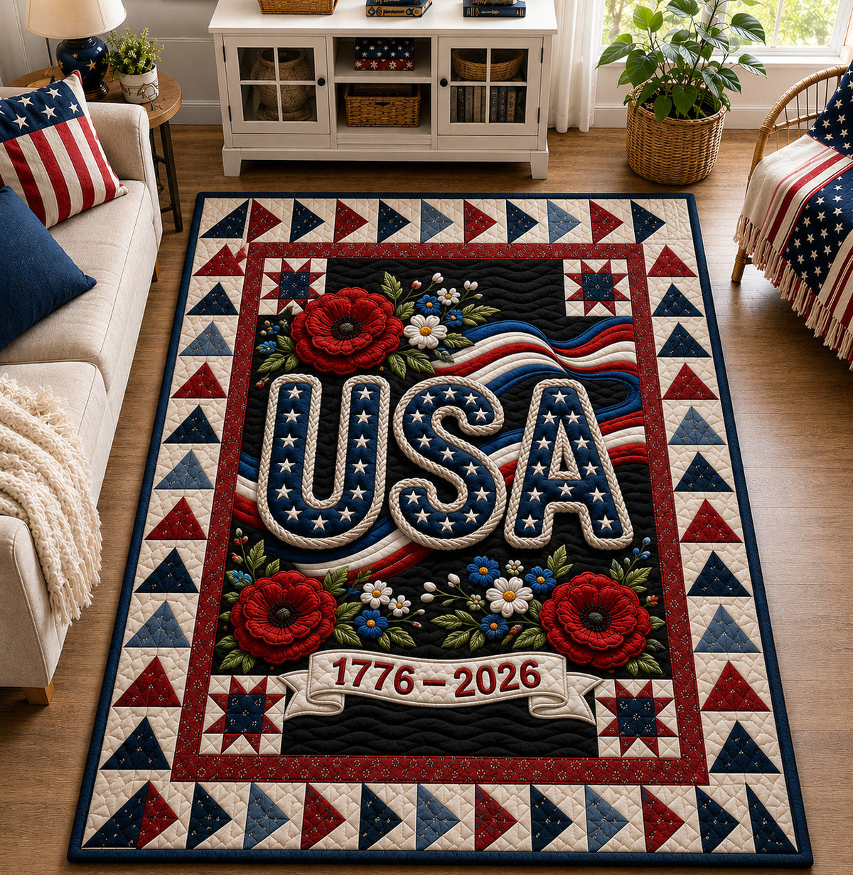 USA 250th Anniversary area rug in a living room