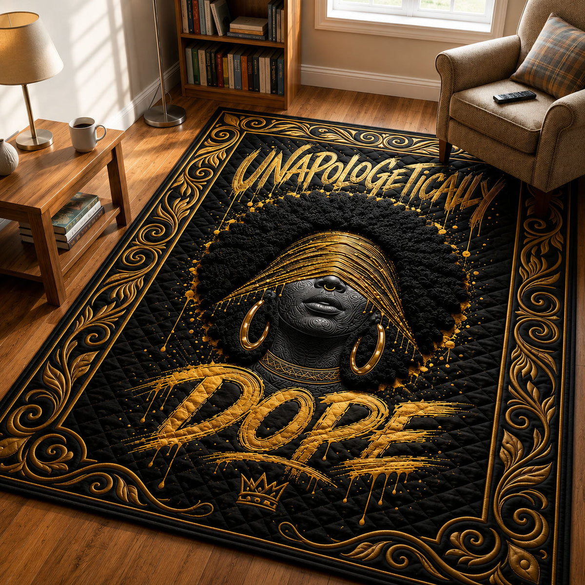 Unapologetically Dope Black area rug in a living room
