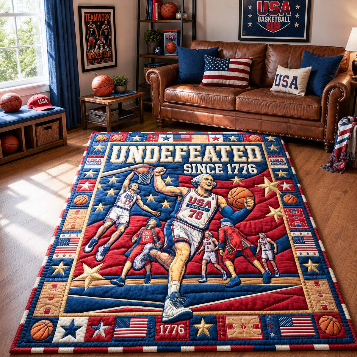 Undefeated Hoops area rug in a living room