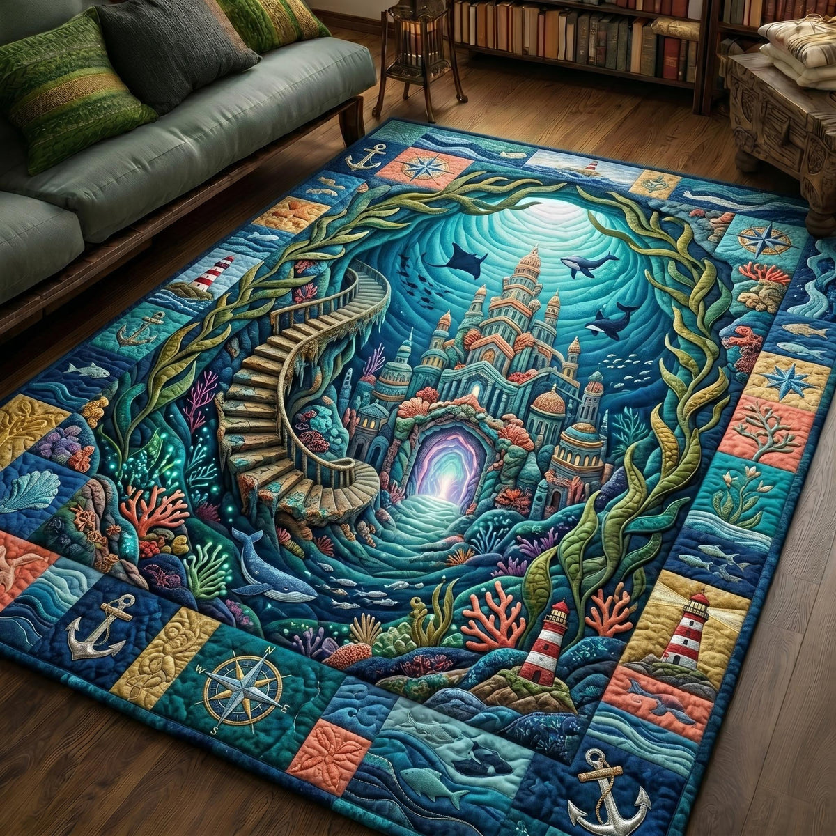 Underwater Atlantis area rug in a living room