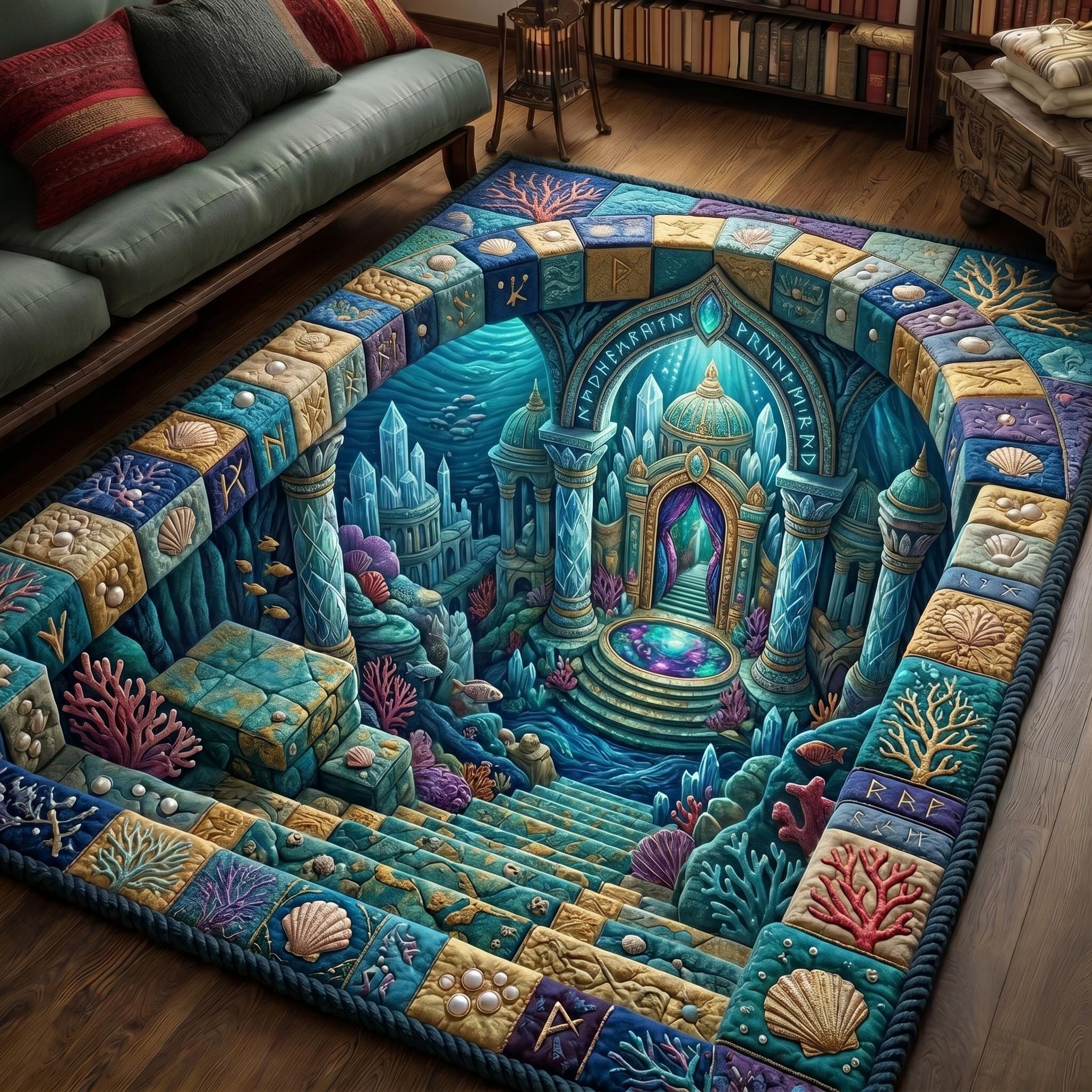 Underwater Atlantis area rug in a living room