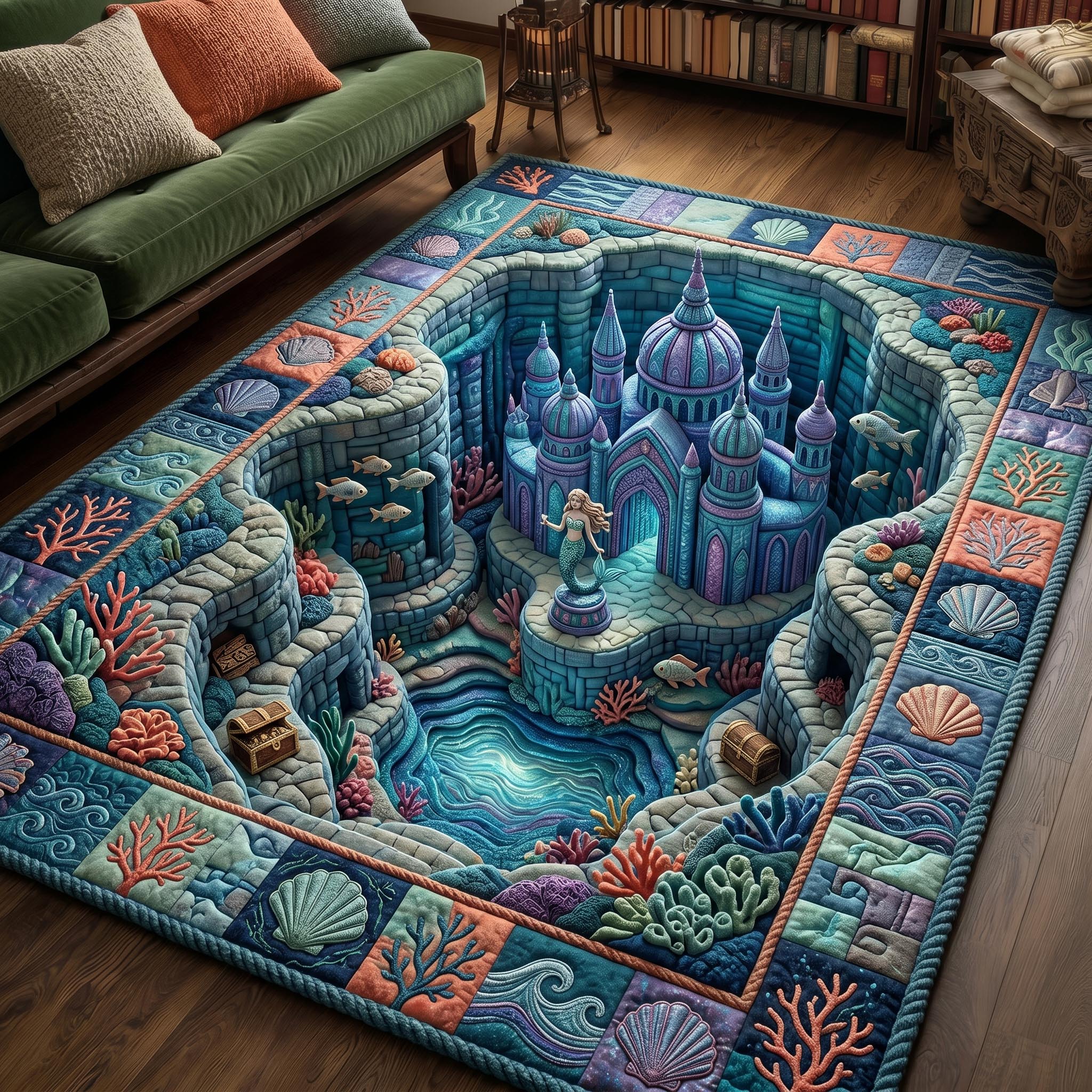 Underwater Atlantis area rug in a living room