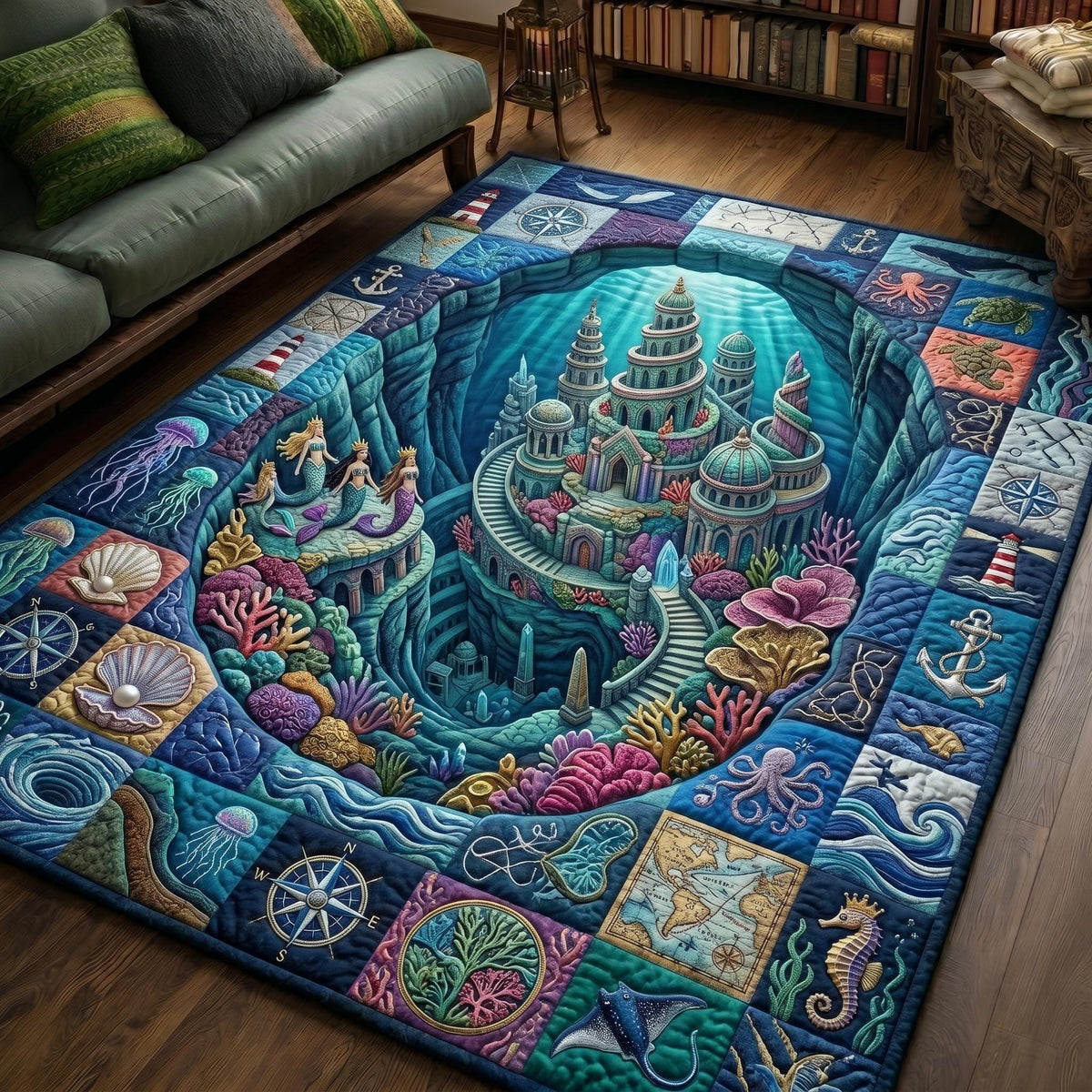 Underwater Atlantis area rug in a living room