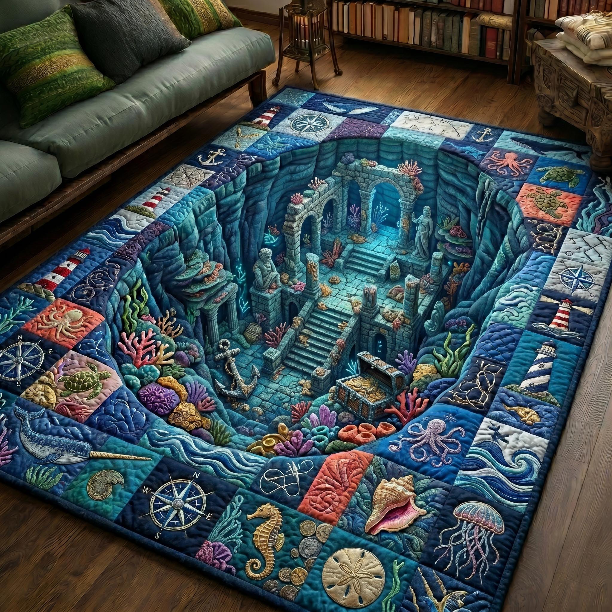 Underwater Atlantis area rug in a living room