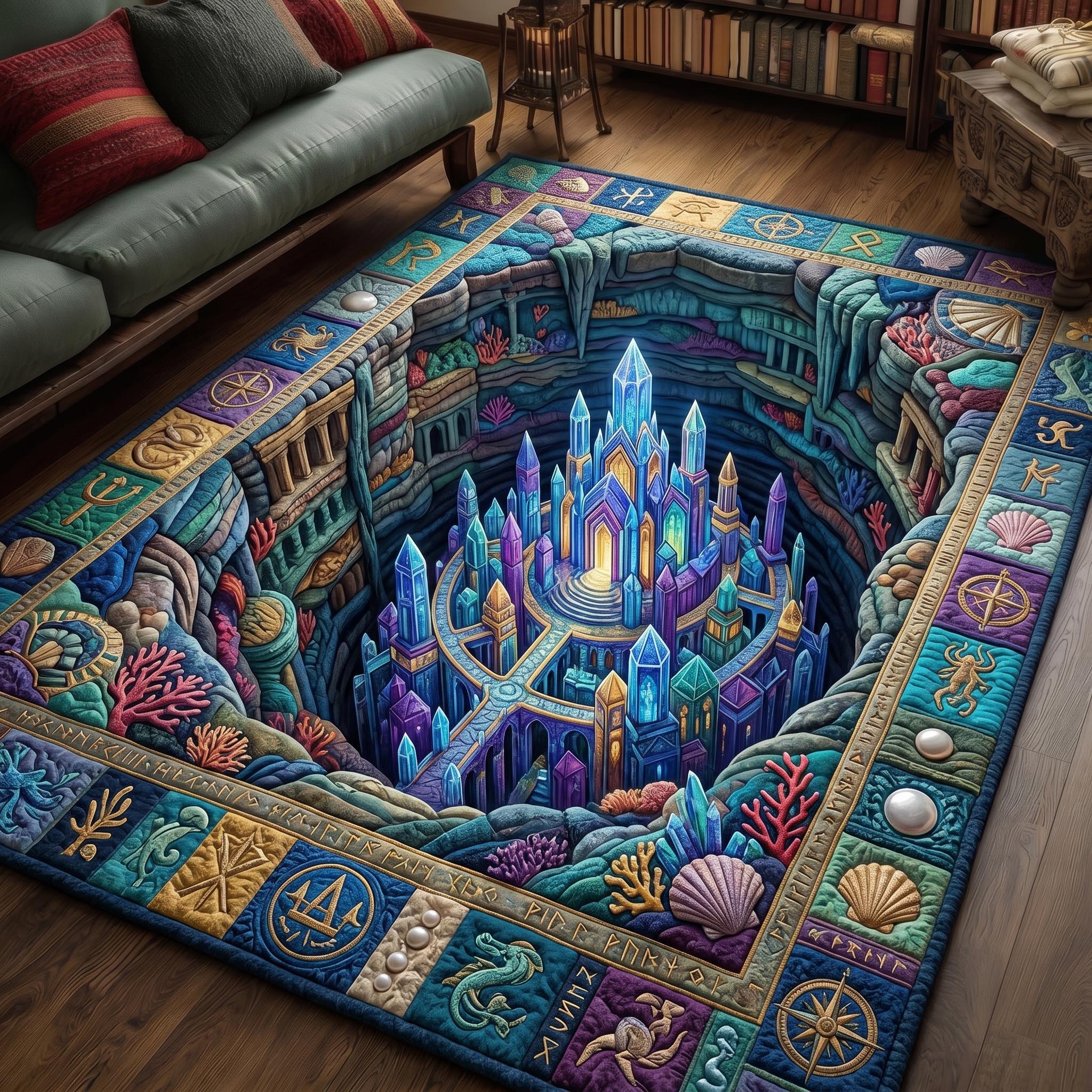 Underwater Atlantis area rug in a living room